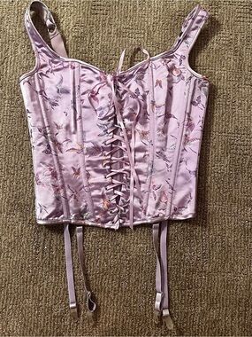 Vintage Shirley of Hollywood Lavender Butterfly Satin Lace-Up Corset Top
